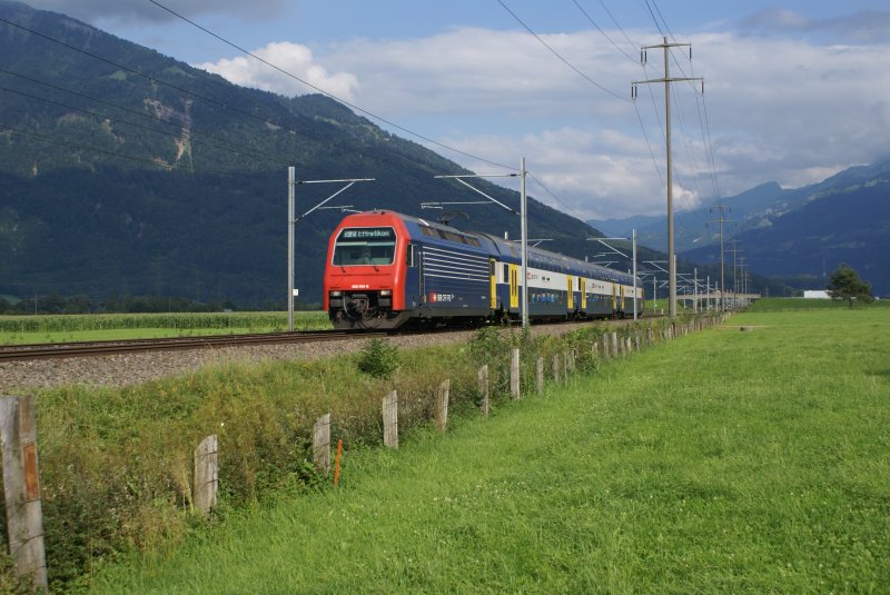 Der nchste DPZ mit der Re 460 051-8 hatte noch durchgehend gelbe Tren. Das Bild entstand am 28.7.09 zwischen Bilten und Reichenburg.


