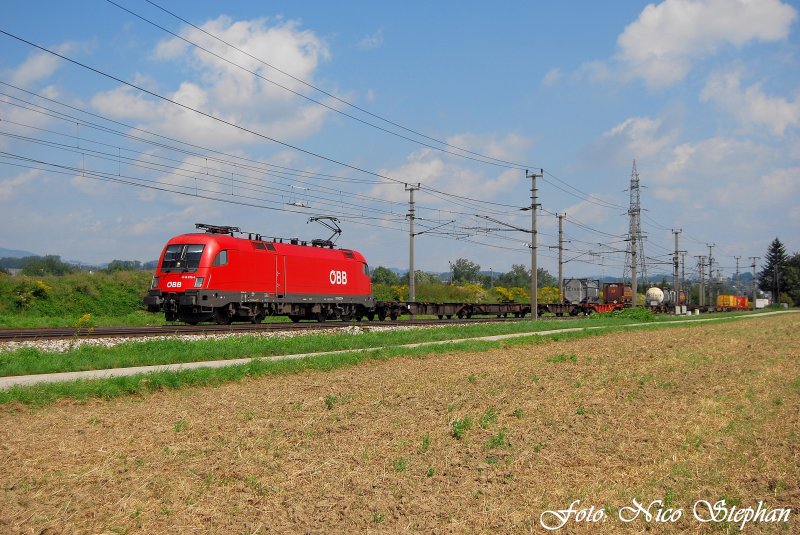 Der nchste Gz war dann ein schlecht ausgelasteter Containerzug mit 1116 272-4 an der Spitze,ebenfalls gen Wels unterwegs,Pasching (sterreichurlaub 18.08.09)