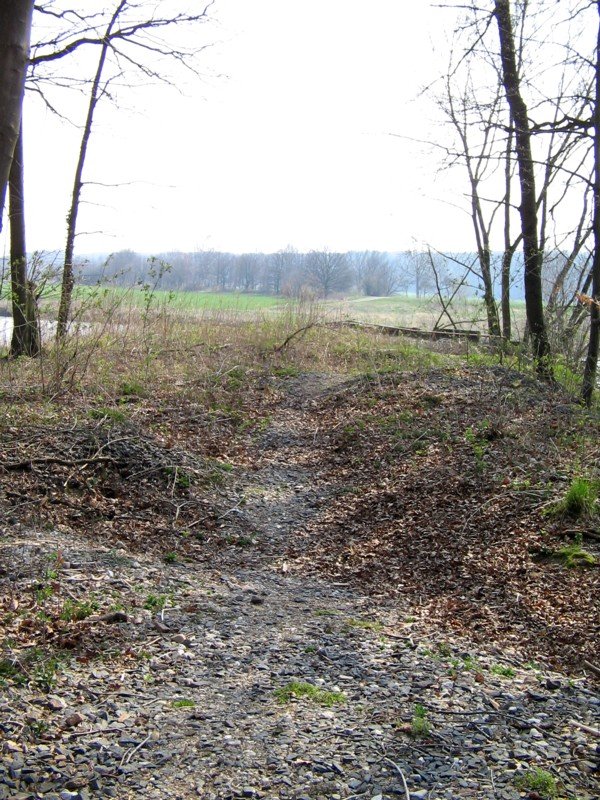 Der Nordkopf der Eisenbahn-Muldenbrcke in Grimma. Gegenber fehlt das Widerlager dafr sieht man den Radweg, der als Eisenbahnwanderweg entlang der ehemaligen Muldenbahn fhrt. 01.04.07