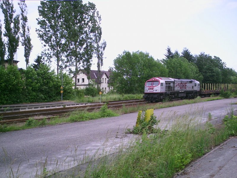 Der  Red Tiger  der OHE mit dem DGS Holzzug von Niedergrne nach Hxter-Rathaus, bei der Einfahrt in den Bahnhof Stadtoldendorf.