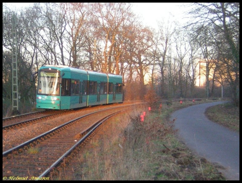 Der S-Triebwagen 228 hatte am Abend des 11.03.2007 auf dem 3. Zug der Linie 12 gerade die Haltestelle Waldau in Fahrtrichtung Schwanheim verlassen.