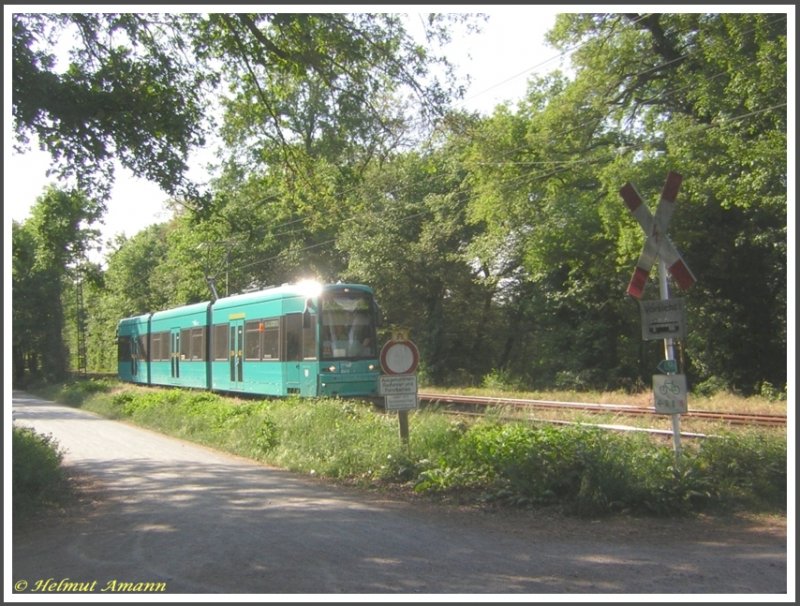 Der S-Triebwagen 264 fuhr am 06.05.2007 auf dem 9. Zug der Linie 12, hier kurz vor der Haltestelle Waldfriedhof Goldstein in Fahrtrichtung Fechenheim.