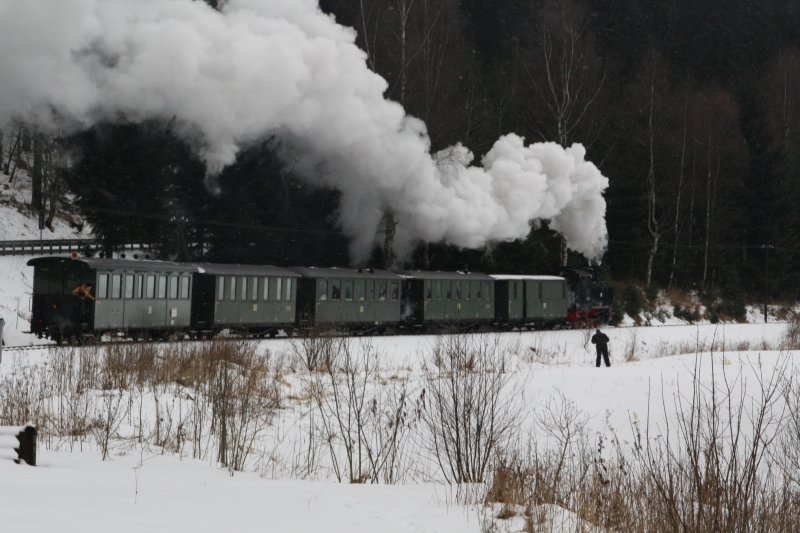 Der s�chsische Schmalspur-Bulle 99 1715-4 am 31.01.09 kurz vor dem Hp Forellenhof.