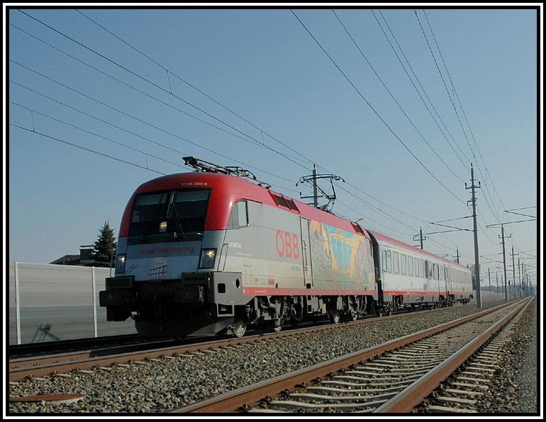 Der Semmering Jubilumstaurus 1116 200 am 20.3.2006 mit dem IC 154 (Maribor-Graz) bei der Durchfahrt in Kalsdorf.