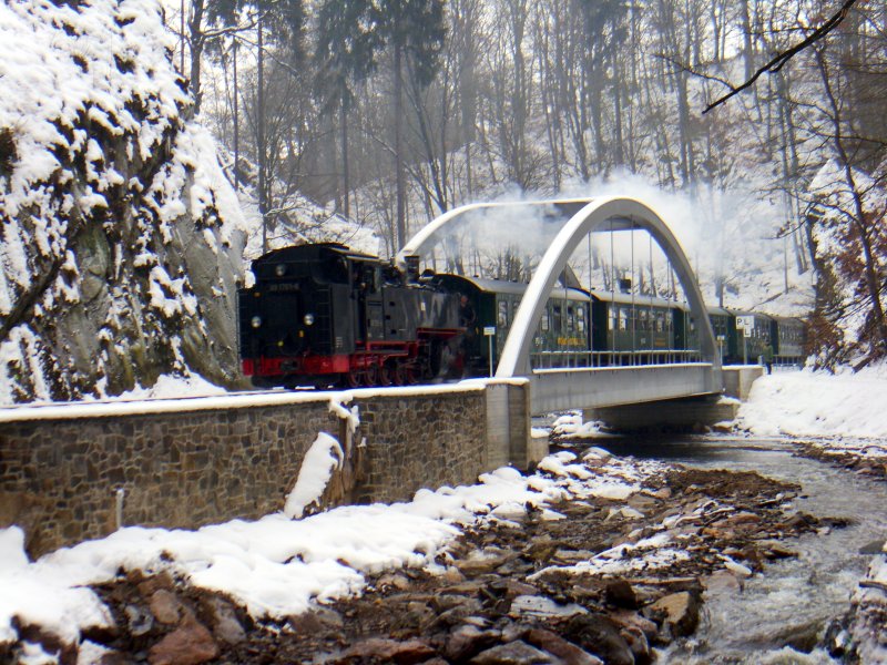 Der talwrts fahrende Zug auf der neu entstandenen Stahlbogenbrcke, oberhalb des Bahnhofs Rabenau, am 17.01.2009