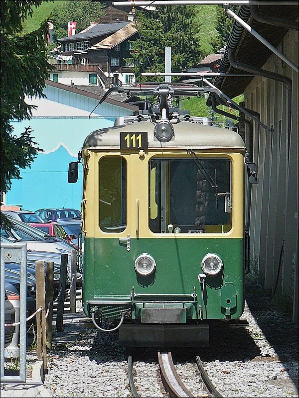 Der Triebwagen N 111 war am 30.07.08 neben dem Depot der Wengernalpbahn in Grindelwald-Grund abgestellt.  (Hans)