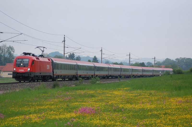 Der umgeleitete EC 769 
gezogen von der 1116 130 hat am 14.05.2009 gleich
den Bahnhof Wartberg/Kr. erreicht.