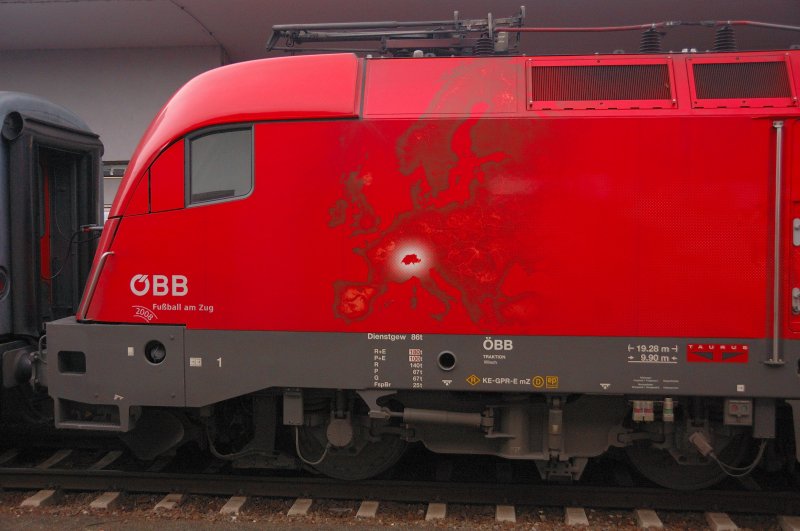 Detailaufnahme vom  kleineren  der EM-Austragungsl�nder auf dem Blechkleid von 1116 075-1. (10.11.2008)