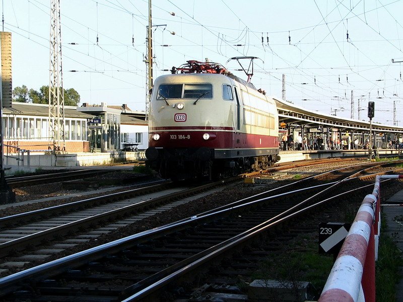 Die 103184-8 rangierte auf dem Bahnhof in Stralsund.