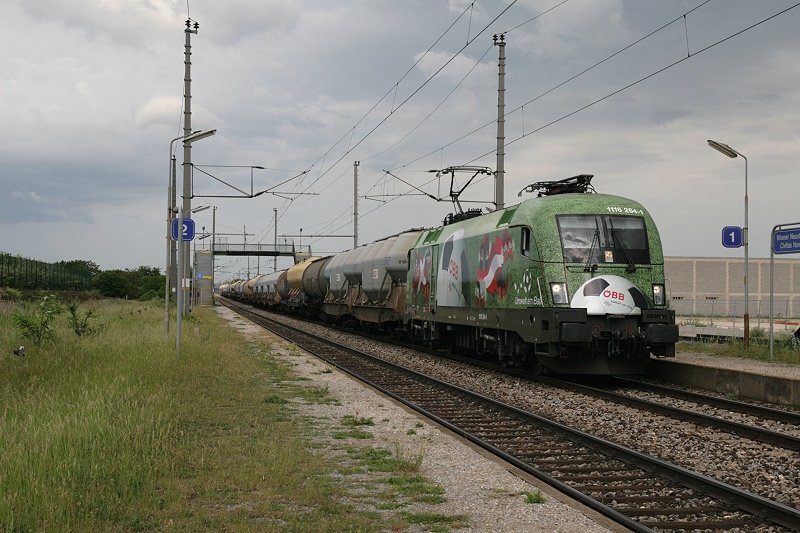 Die 1116 264  Euromotion  durchfhrt in langsamer Fahrt am 18.05.08 den Bahnhof Wiener Neustadt Civitas Nova.
