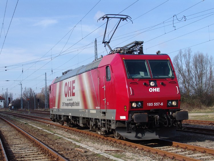 Die 185 557-6 der Osthannoversche Eisenbahn AG wartet auf dem Holzug von Rostock-Bramow nach Stendal-Niedergrne.Aufgenomme am 14.03.07 