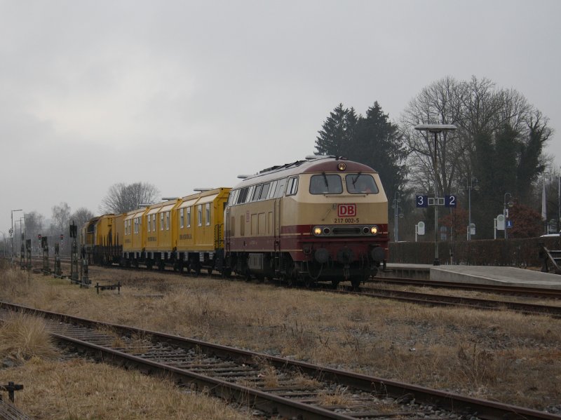 Die 217 002 mit einem Schienenschleifzug am 06.02.2009 in Pfarrkirchen. 