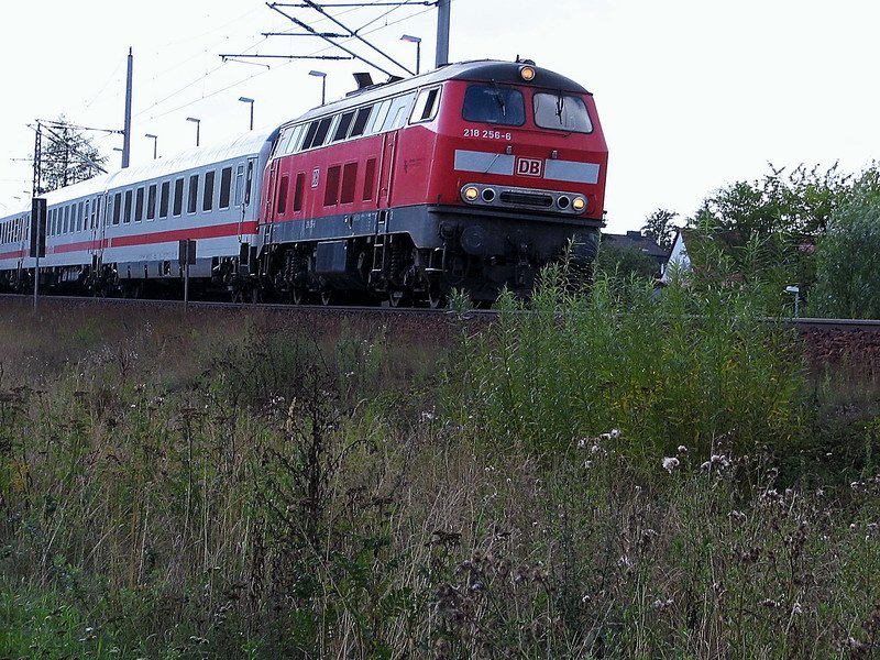 Die 218256-6 fhrt am Haltepunkt Grnhufe-Dorf in Richtung Stralsunder Bahnhof ein.