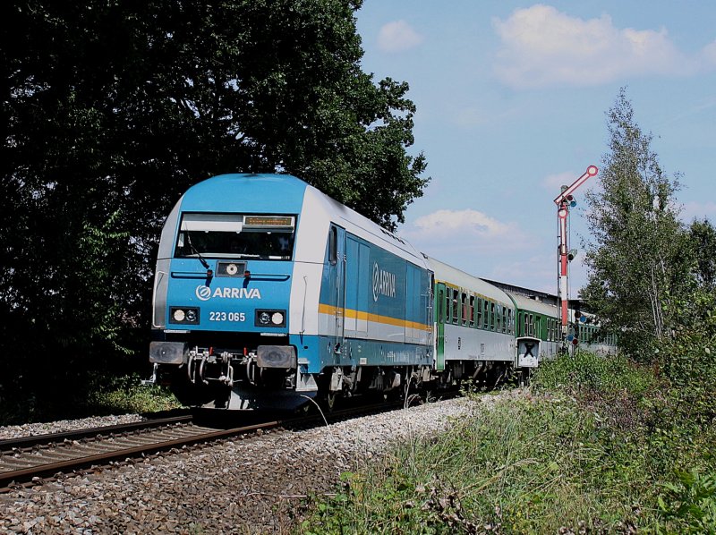 Die 223 065 mit dem ALEX nach Mnchen am 15.08.2009 unterwegs bei Arnschwang