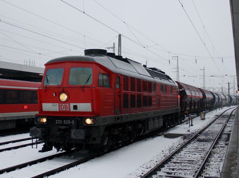 Die 233 525 am 20.02.2009 mit einem Gterzug in Nrnberg Hbf. Ein eher ungewhnliches Bild weil in Nrnberg Hbf normalerweise keine Gterzge durchfahren. 