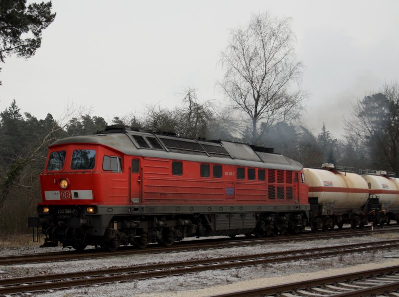 Die 233 586 am 02.01.2009 mit einem Kesselwagenzug bei der Ausfahrt aus Kastl in Richtung Mhldorf. 