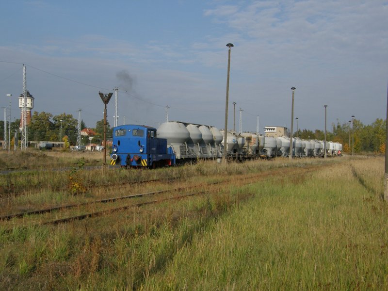 Die 312 286 der Warener Eisenbahnfreunde ist am 15.10.2008 mit Rangierarbeiten im Bahnhof Neustrelitz Sd beschftigt. Der Bahnhof war frher Ausgangspunkt der Strecken nach Feldberg und Mirow-Wittstock. Heute beginnt nur noch die Strecke nach Feldberg hier. Die Strecke verlor im Jahr 2000 den planmigen SPNV und 2003 wurde die Stecke nach Mirow in den Neustrelitzer Hbf, der gegenber liegt, verlegt. Alle 2 Wochen kommt ein Zementzug nach Neustrelitz und wird im Sdbahnhof entladen. Am 15.10. wurden ein paar andere Wagen an die Ladestrae rangiert. Dies ist die einige planmige Nutzung des Bahnhofes.