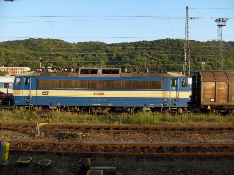 Die 363 047-2 wartet mit einem Gterzug am Bahnhof Usti nad Labem zapad. Aus R 616 Krusnohor fotografiert. (30. 8. 07)