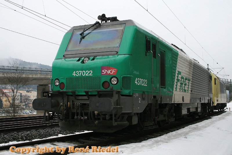 Die 437022 von SNCF, wird in der n�chsten Zeit als Testlok bei ITL ihren Dienst verrichten. Das FRETchen war am 25.1.09 in Bad Schandau abgestellt.