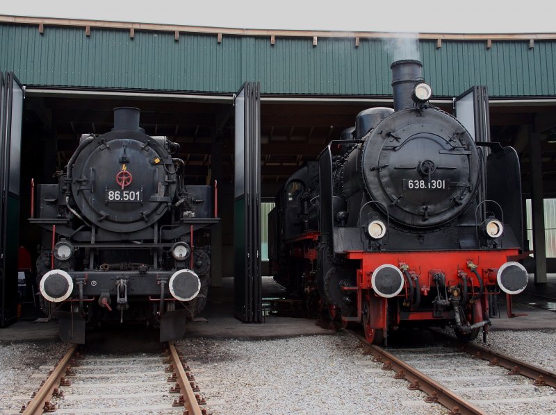 Die 86 501 und die 638 1301 am 31.05.2009 im Lokschuppen von Ampflwang.