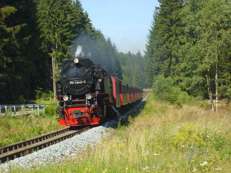Die 99 7242-3 war Anfang dieses Monats die Planlok aus Nordhausen und fhr hier die Strae Richtung Schierke/Elend Richtung Nordhausen daher
5.8.2007, 15.40