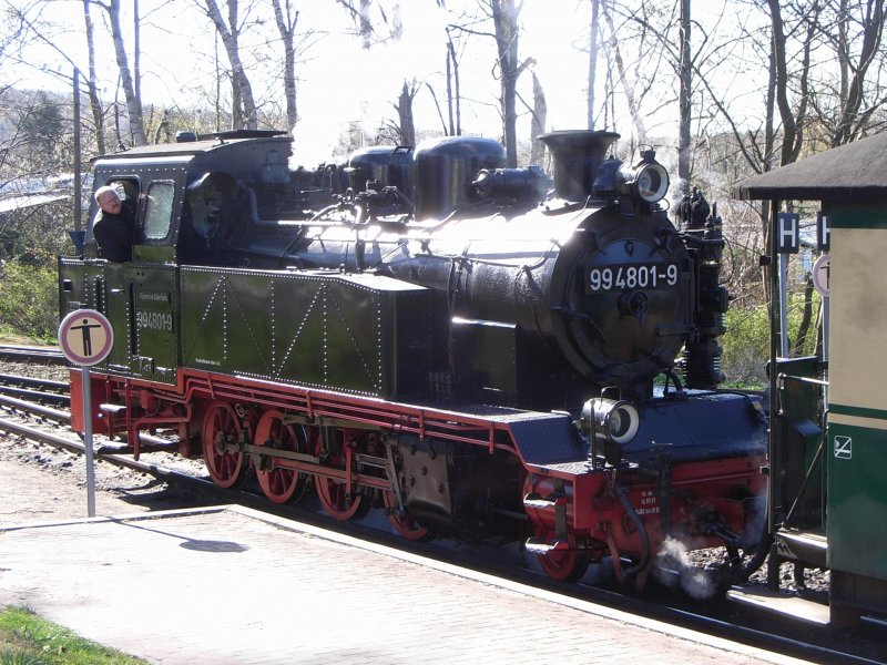 Die 99 mit dem  Rasenden Roland  am 19.4.2009 wartet in Binz LB auf ihre Abfahrt nach Ghren.