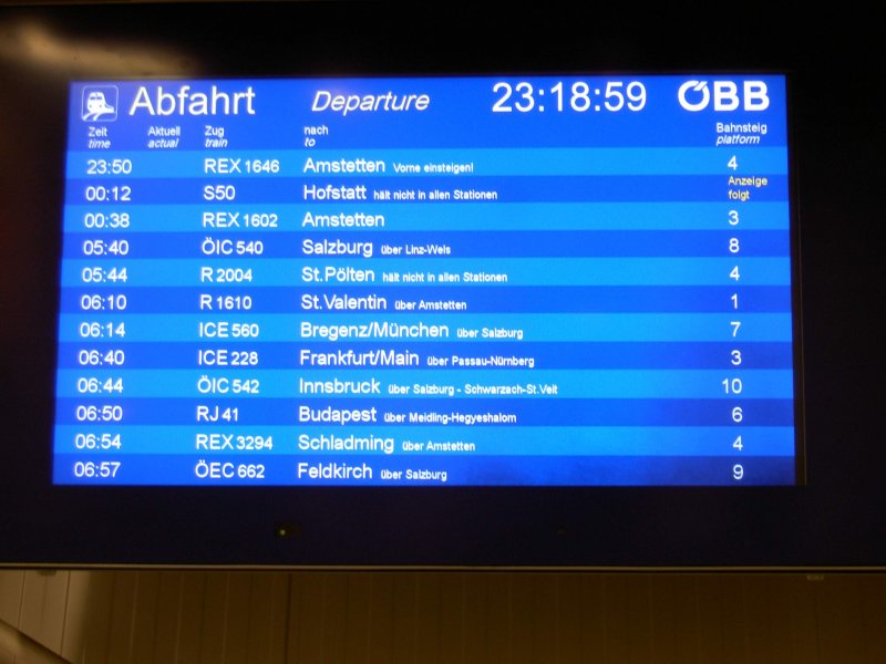 Die Abfahrts�bersicht im Bahnhof Wien West am Abend des 30. Mai 2009.