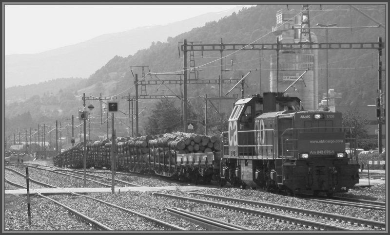 Die Am 843 076-1 schiebt mit Hilfe des bergangswagen die RhB Holzwagen die Rampe hinunter zum Stallinger Werk. Der Strassenbergang zur Ems Chemie ist noch nicht saniert, sodass die Gleisfhrung in diesem Bereich noch etwas wackelig ausfllt. (24.05.2007)