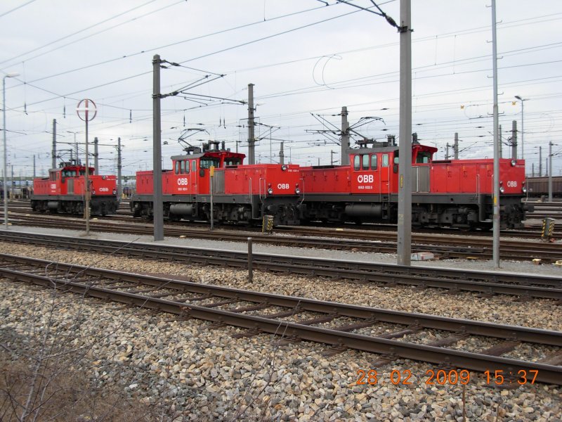 Die Baureihe 1063 wird auf dem Zentralverschiebebahnhof Wien-Kledering als Verschublokomotive eingesetzt. Am 28.2.2009 waren gleich drei Exemplare unmittelbar nebeneinander abgestellt.