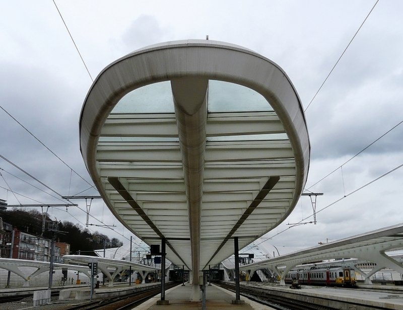 Die Bedachung ber einen der Bahnsteige im Bahnhof Lige Guillemins fotografiert am 09.03.08.
