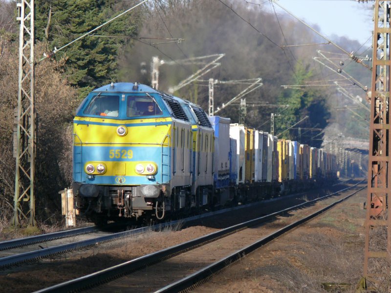 Die beiden blauen SNCB-Loks 5529 und 5519 in der Steigung am Gemmenicher Weg zwischen Aachen-West und der belgischen Grenze mit einem Containerzug. Aufgenommen am 08/03/2009.