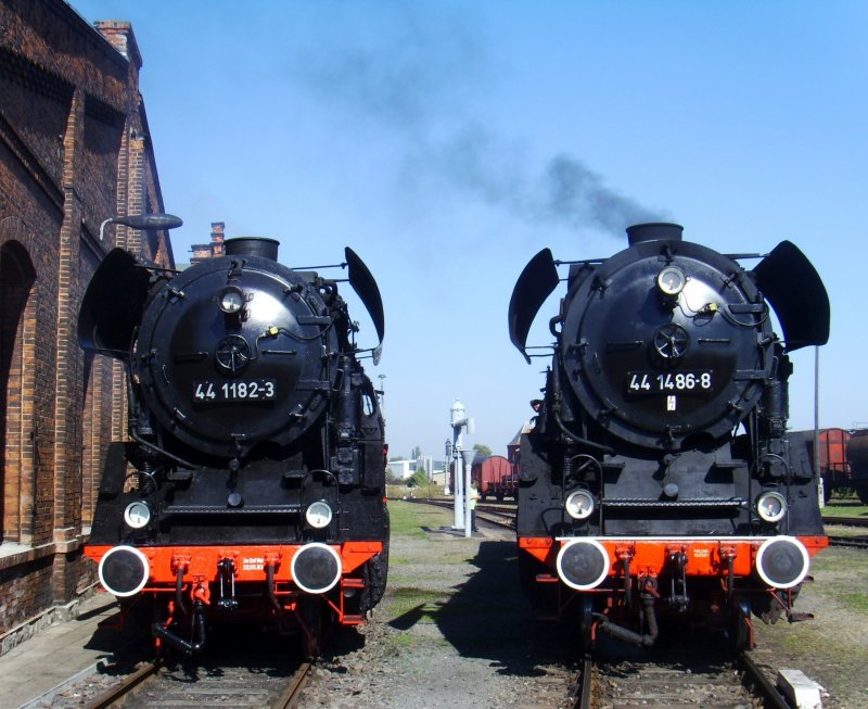 Die beiden Stafurter Jumbos nebeneinander. Die noch bis Mai 2009 betriebsfhige 44 1486-8 neben ihrer Schwesterlok 44 1182-3 im September 2007 am Lokschuppen des Museums-BW Stafurt.