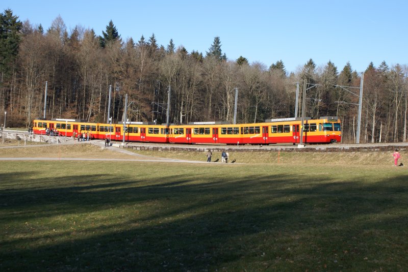 Die beiden SZU-Triebwagen Be 556 531-2 und Be 556 532-0 fahren am 9.2.08 im Bahnhof Ringlikon ein.