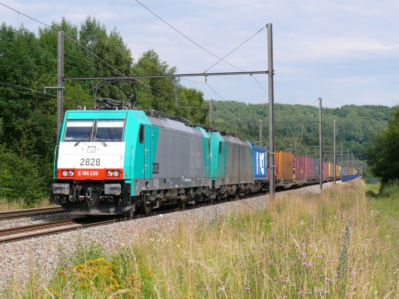 Die blitzblank geputzte Cobra-Lok 2828 mit der abgebgelten 2824 und einem Containerzug im Schlepp kurz hinter dem Viadukt von Remersdael. Aufgenommen am 05/07/2009. 