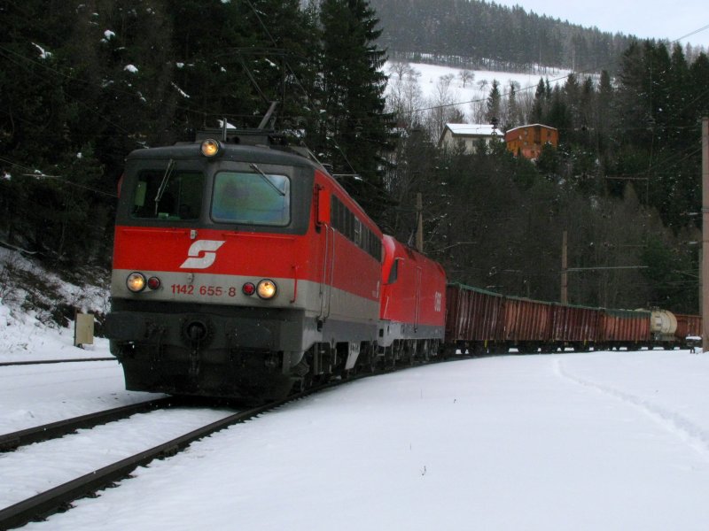 Die BR 1142 655 leistet am 27.02.2009 einer 1116 mit GZ Vorspann ber den Semmering. Das Bild entstand bei Breitenstein.