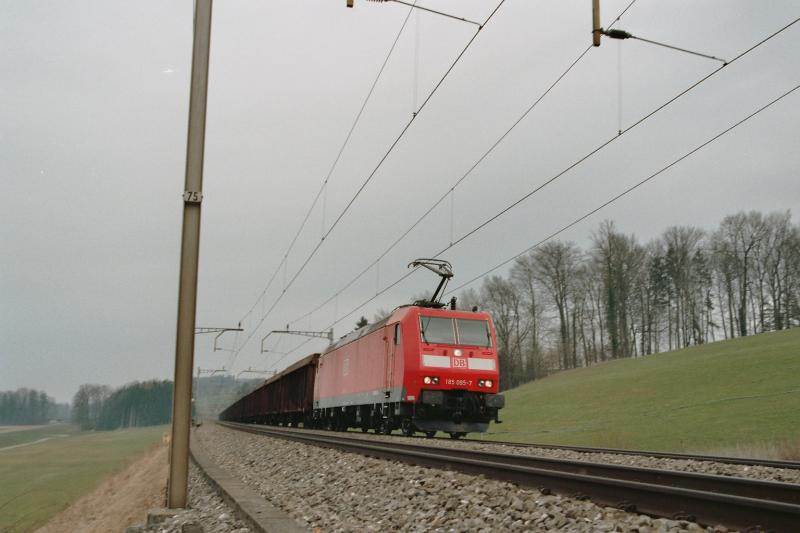 Die Br 185 095-7 mit einem Gterzug, am 22.2.04 auf der Strecke Oberrti - Rotkreuz
