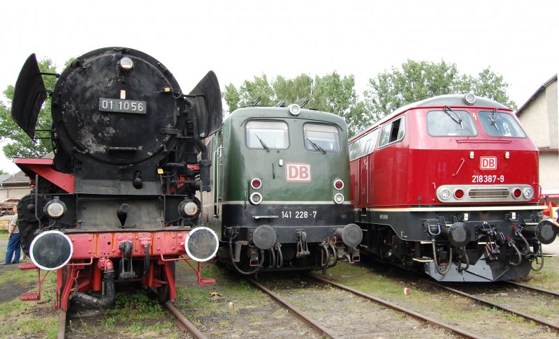 Die drei Traktionsarten in trauter Dreisamkeit stehen am 24. Mai 2008 im Bw Darmstadt-Kranichstein zusammen: 01 1056,  141 228 und die 218 387.
Auch wenn die 01.10 von altem Glanz weit entfernt ist, verfehlt sie ihre Wirkung nicht.