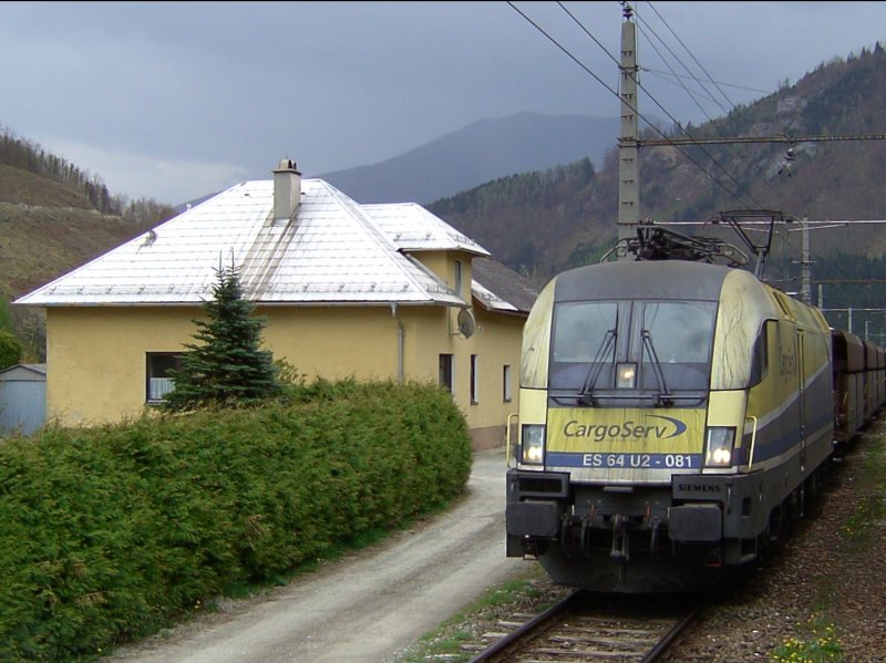 Die ES 64 U2-081 von Cargo Serv am 19.04.2008 mit einem Erzzug bei einer Zugkreuzung mit unserem Sonderzug im Ges�use. 