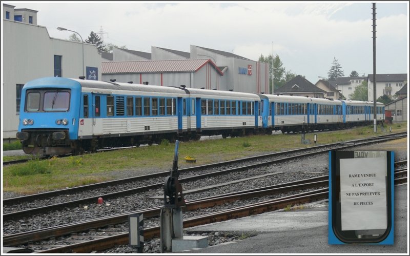 Die franzsischen Triebzge in Buchs SG tragen in den Fenstern folgende Affichen:  Zge verkauft fr den Export, bitte keine Teile entfernen . (02.05.2009)