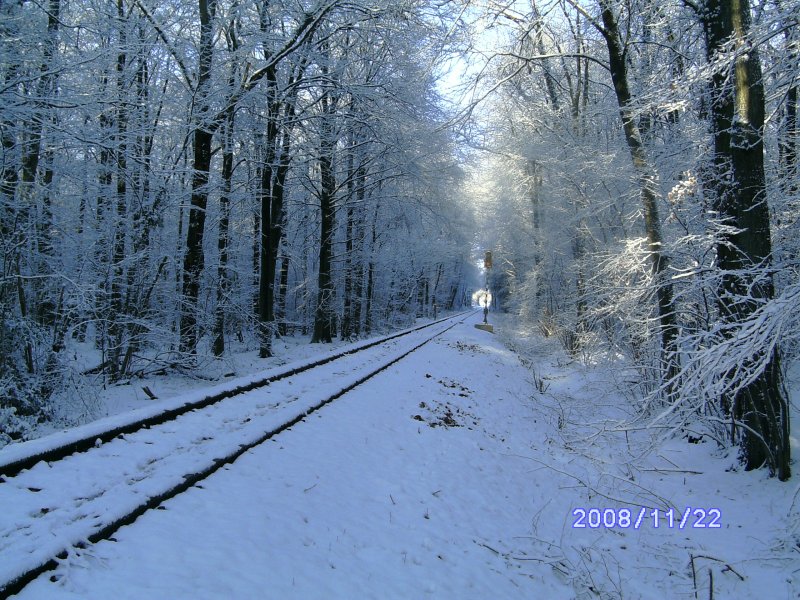 Die Klein verschneeite Nebenbahn der EVB Blick in Richtung des Tostedter West Bahnhofes.