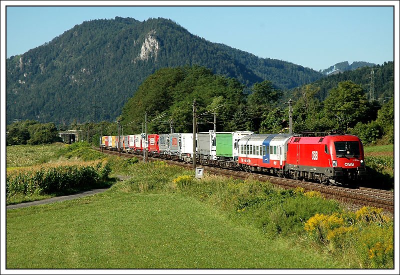 Die morgendliche RoLa von Marburg nach Wels, am 15.8.2007 mit 1116 202 als Zuglok, aufgenommen kurz vor dem Bahnhof Peggau-Deutschfeistritz.