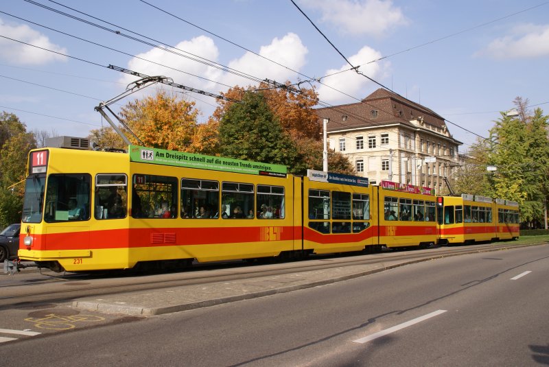 Die Motorwagen 231 und 266 warten vor dem Lichtsignal auf die Einfahrt in die Haltestelle Bahnhof SBB. Die Aufnahme entstand am 14.10.2008.
