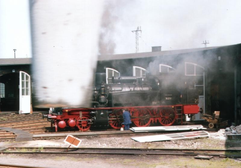 Die Museumslok 741230 wird gerade in Wustermark Rbf angeheizt. Das Bild entstand 1992 w�hrend der Vorbeifahrt durch das Seitenfenster des hinteren F�hrerstandes der 234 664, die nach Wustermark sollte, um dort den D 444 nach Hannover zu �bernehmen. Leider kam  die Wasserkrant�te dazwischen. Ein  begeisterter Eisenbahnfan  hatte kritisiert, da� ich dieses Bild hier �ffentlich mache. Ich hatte es daraufhin gel�scht, aber nicht wegen der unversehens ins Bild geratenen Wasserkrant�te, sondern wegen eines Bildfehlers (schwarzer Rand).