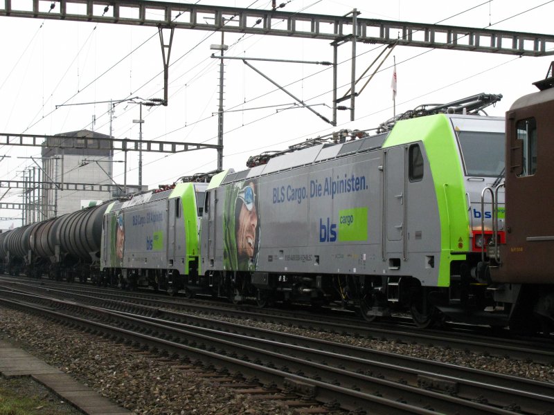 Die neuen Loks der bls cargo, hier die Re 486 508 und -505 laufen in diesem GZ kalt mit, aufgenommen bei Dniken am 05.02.2009