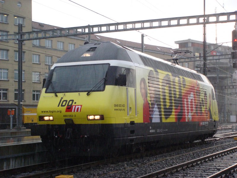 Die neuste Werbelok der SBB: Die Re 460 053-2 wirbt fr die SBB-Tochterfirma  login  der Ausbildungsverbund vieler Schweizer V-Betriebe.Ich jagte die Lok am 26.09.2007 den ganzen Tag und fand sie schliesslich in Bern.