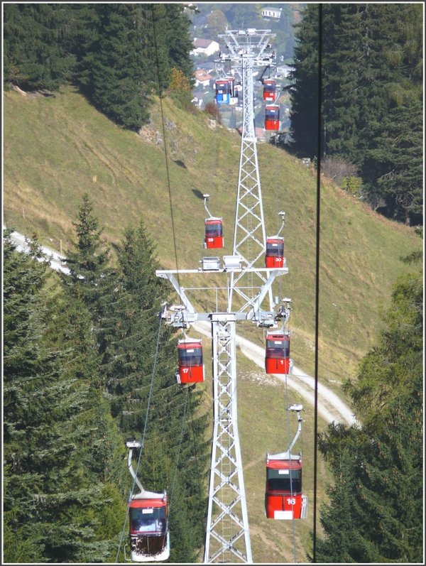Die obere Sektion der Bahn von Chur nach Brambresch ist eine Gondelbahn. Die Kabine vorne links ist vermutlich so eine Art VIP-Kabine, denn sie ist innen wie aussen mit einem Kuhfell berzogen.
(15.10.2008)