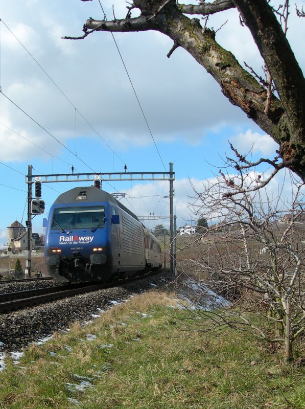 Die RailAway Re 460 005-2 mit einem IR kurz nach Lutry am 18. Februar 2009