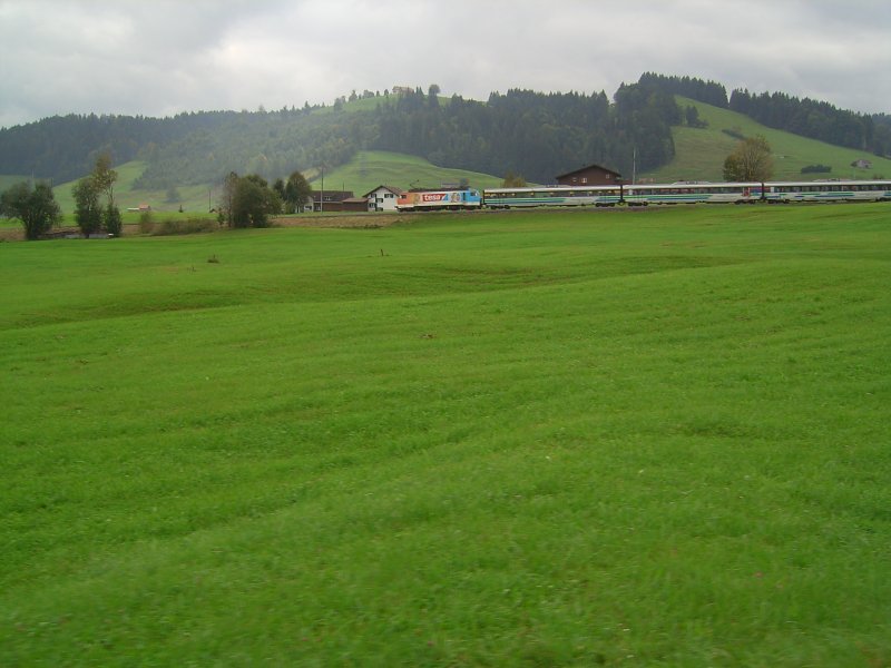 Die Re 446 mit der Tesa Reklame unterwegs in der nhe von Biberbrugg am 09.09.2007 