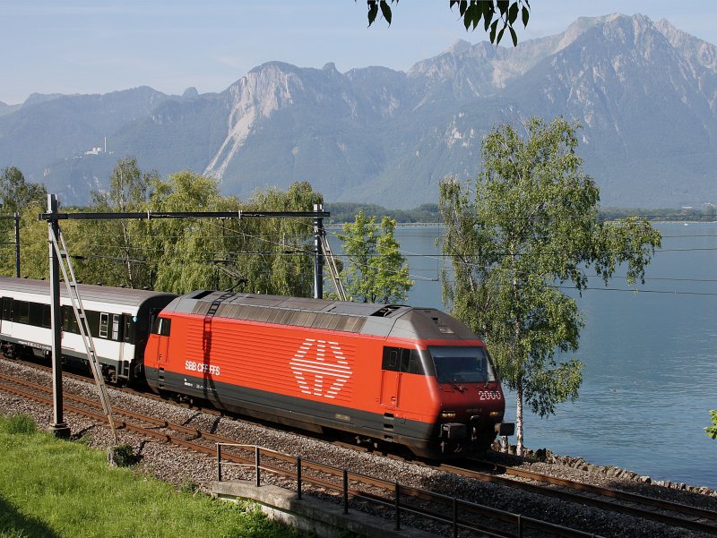Die Re 460 031 am 29.06.2009 mit einem IR unterwegs bei Veytaux-Chillon.