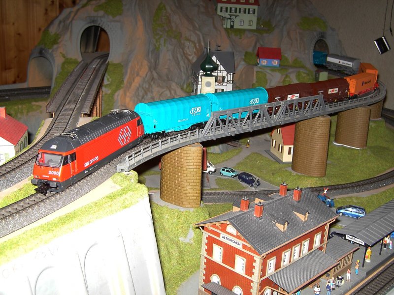 Die Re 460 046 mit einem Gterzug unterwegs auf meiner Gebirgsbahn. 